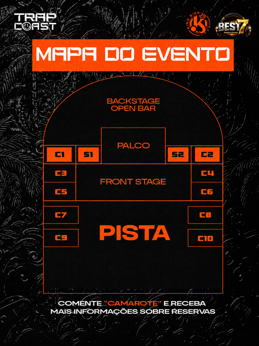 Mapa oficial do evento com Pista, Front Stage, Backstage Open Bar, camarotes e suítes